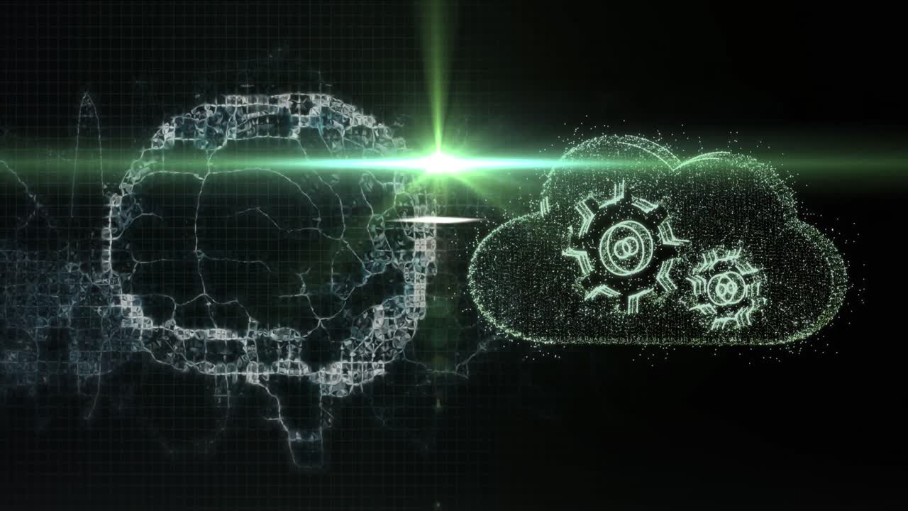 빛과 구름이 있는 검은 배경 위에 회전하는 뇌의 애니메이션