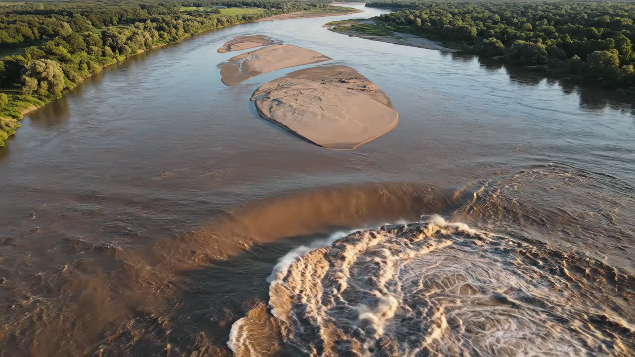 Aerial view of the Vistula River with sand islands and a small waterfall