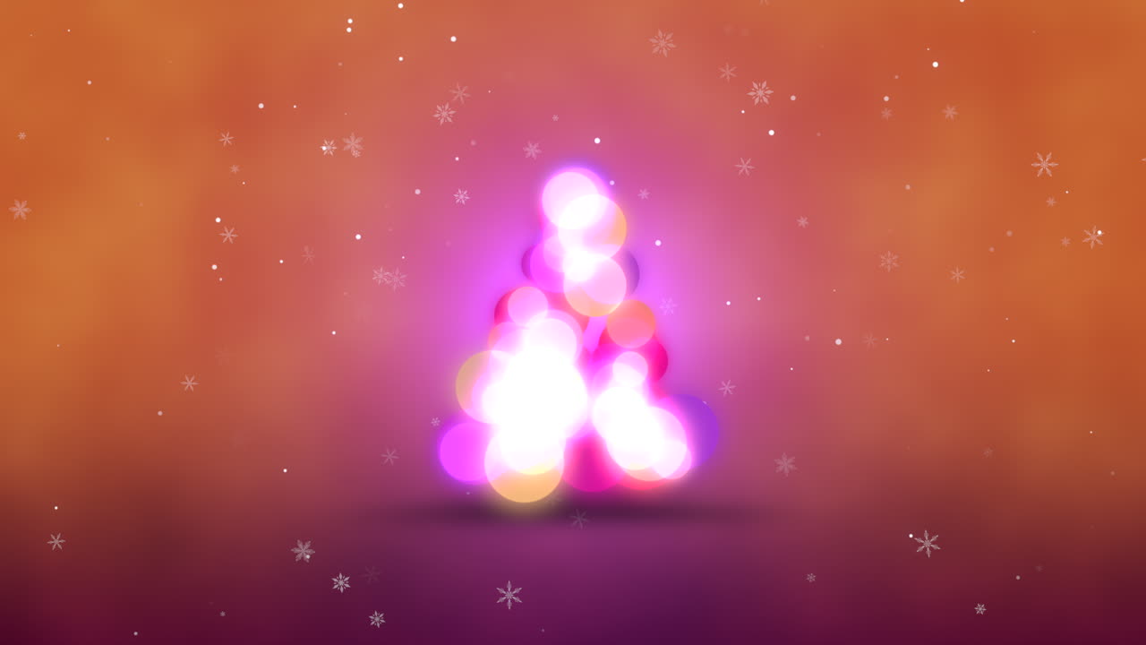 árbol de navidad abstracto en fondo púrpura y naranja con copos de nieve cayendo