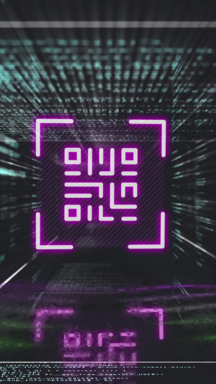 QR code scanner with neon elements against data processing