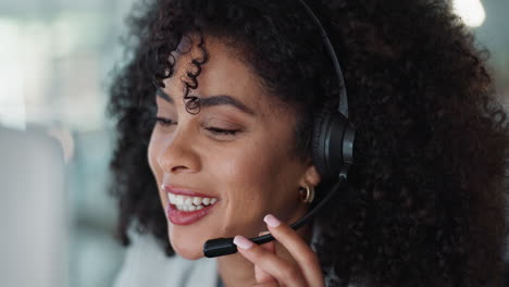 Call-center,-funny-and-woman-talking-in-customer