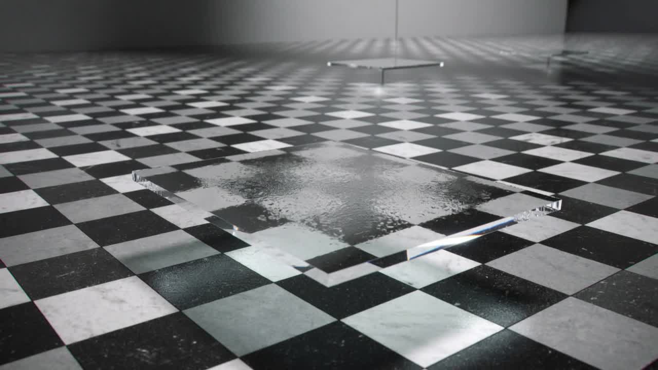 Emerging clear square panel lifting wet patch upward from checkered floor showing corner supports