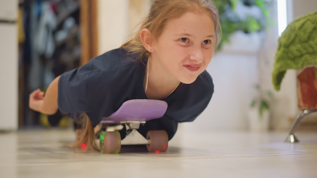 Child riding skateboard through kitchen doorway, bright home cook hallway scene with plants and fridge, lowangle close shots of wheels and grin, energetic indoor glide and candid laughter