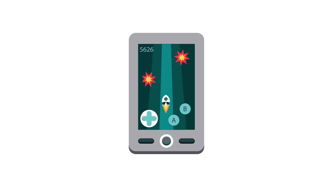 Gioco mobile animato con razzo ed esplosioni sullo schermo del telefono