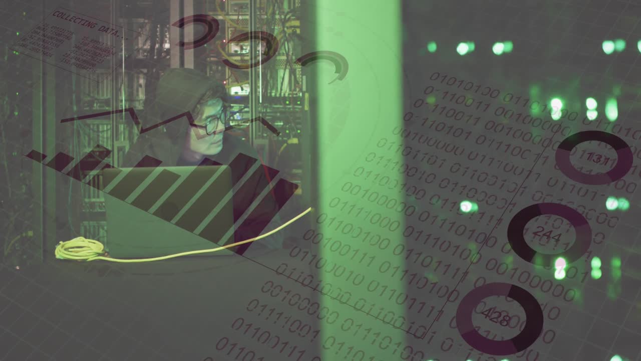 animación de codificación binaria sobre hombre asiático usando portátil por servidores de computadora.