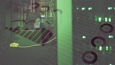 animación de codificación binaria sobre hombre asiático usando portátil por servidores de computadora.