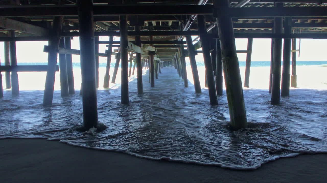Surf breaks under San Clemente pier. Straight on shot showing surf breaks close to camera positon.