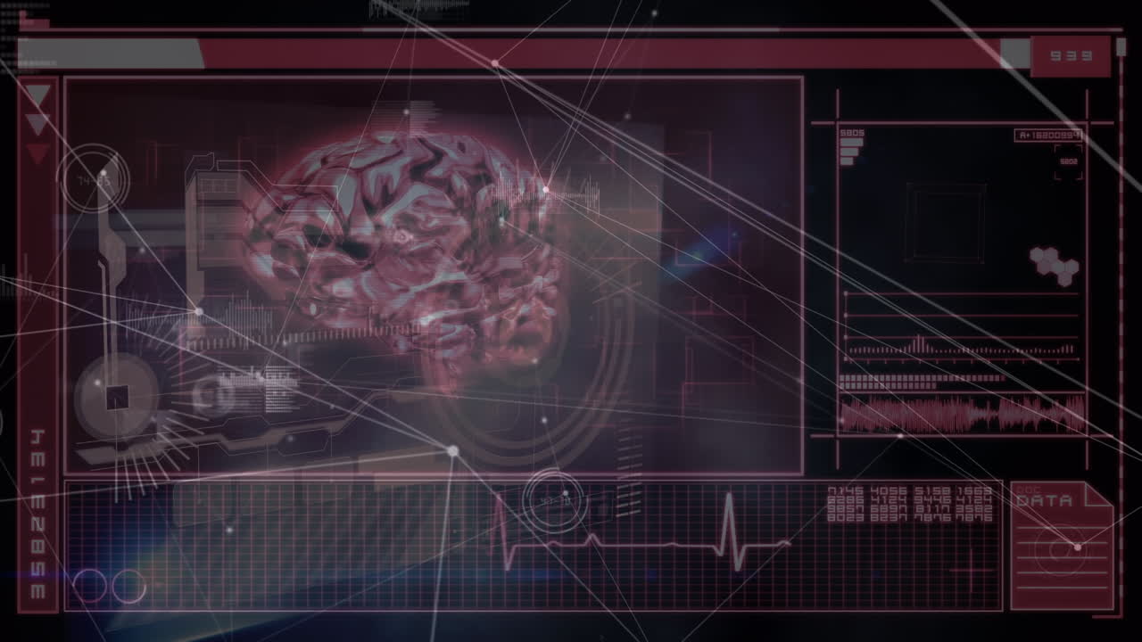 animación de la red de conexiones y procesamiento de datos médicos sobre el cerebro humano