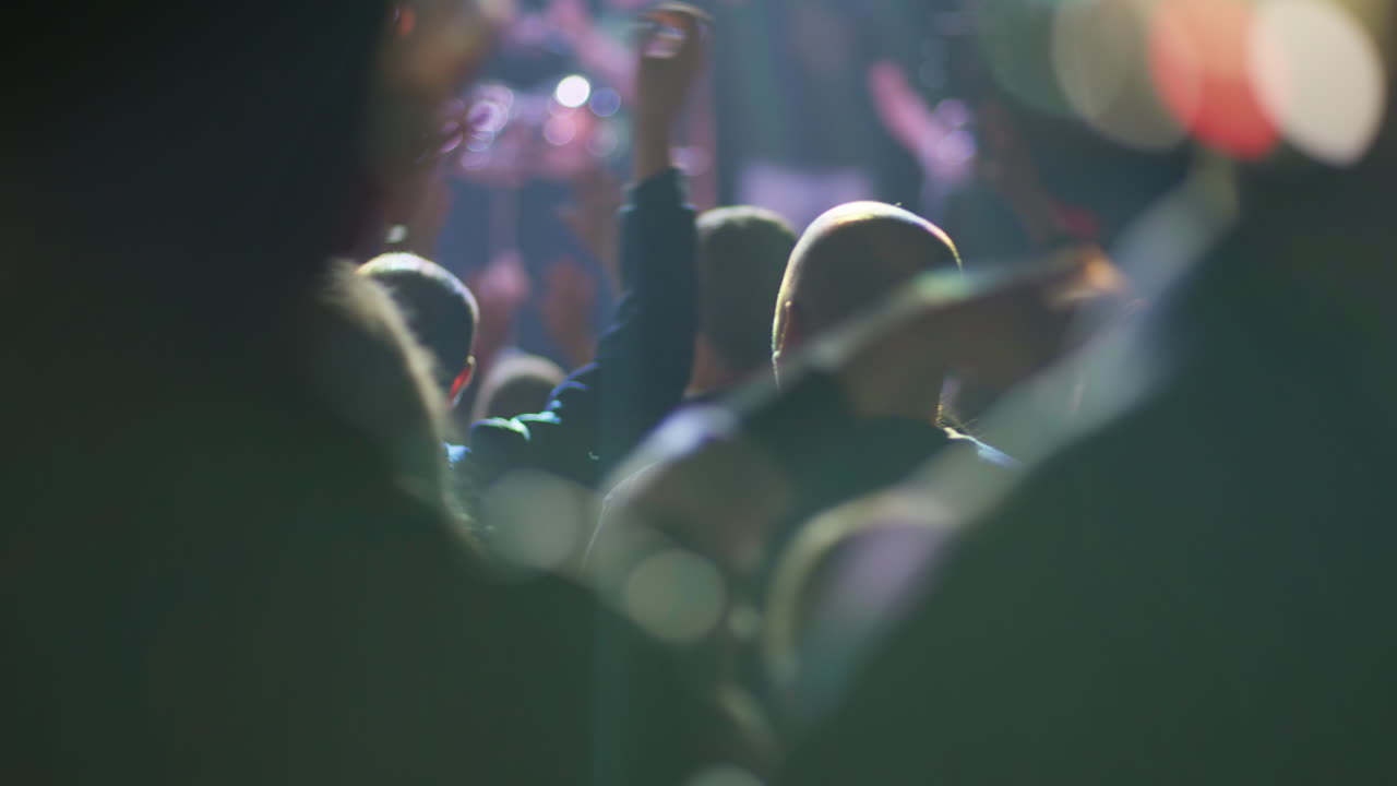 Folla di persone che esulta e alza le mani a un concerto dal vivo