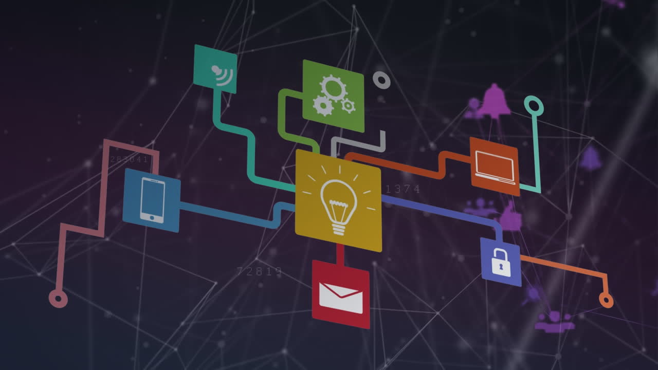 Animation of network of connections with icons on black background