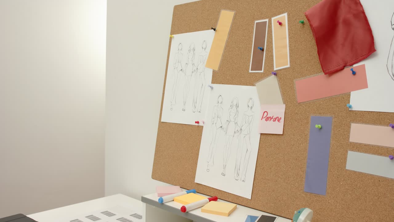 La telecamera inizia una lenta panoramica su una scrivania da designer e una bacheca di sughero, rivelando schizzi e campioni di materiale appuntati.
