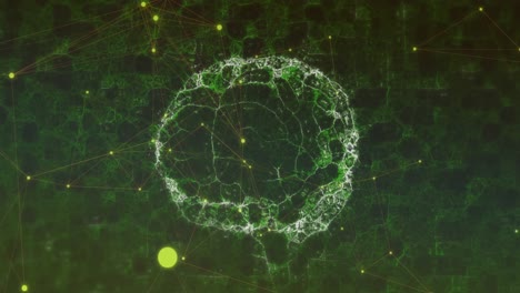 digital animation of network of connections over spinning digital brain on green background