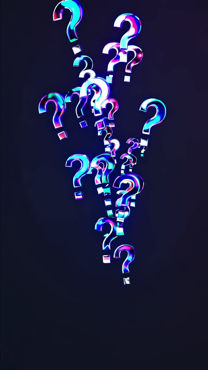 A video still of glowing, multicolored question marks floating against a dark background