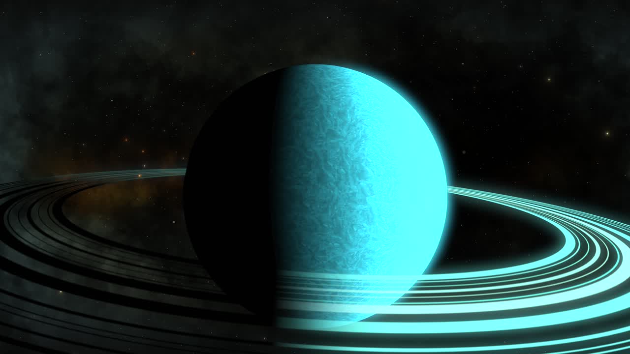 zoom cgi hacia un planeta alienígena similar a aqua saturno con anillos azules frente a la nebulosa nublada negra, espacio, vista amplia