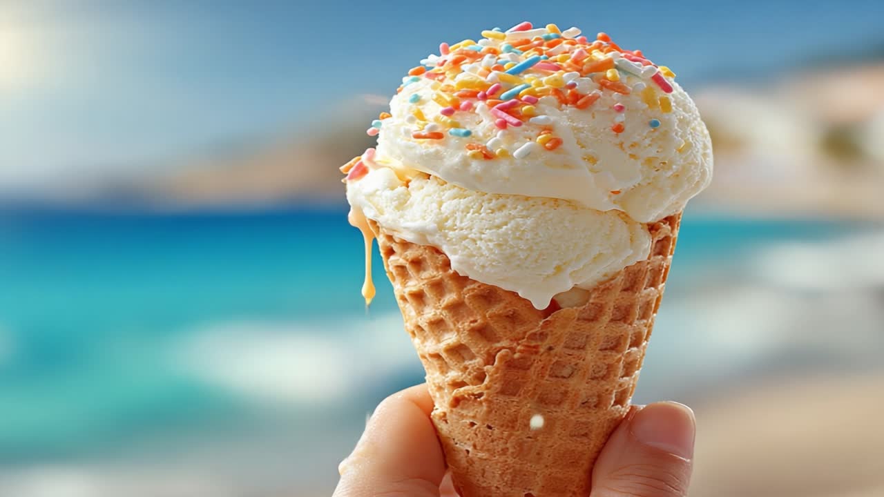 Delizioso cono gelato che si scioglie in spiaggia con codette colorate, perfetto per una rinfrescante delizia estiva sotto il sole.