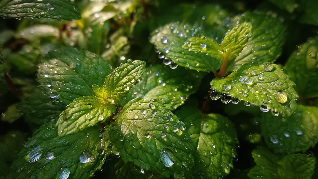 A Close-Up View of Fresh Mint Leaves Enhanced by Delicate Water Droplets, Showcasing Nature's Splendor and Vibrancy in a Lush Green Environment