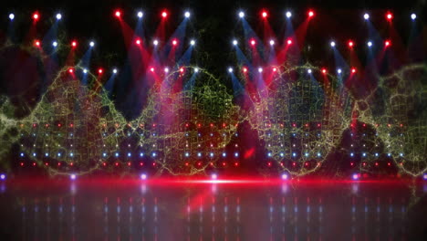 led spotlights casting red blue white beams across reflective floor, animating green mesh pattern