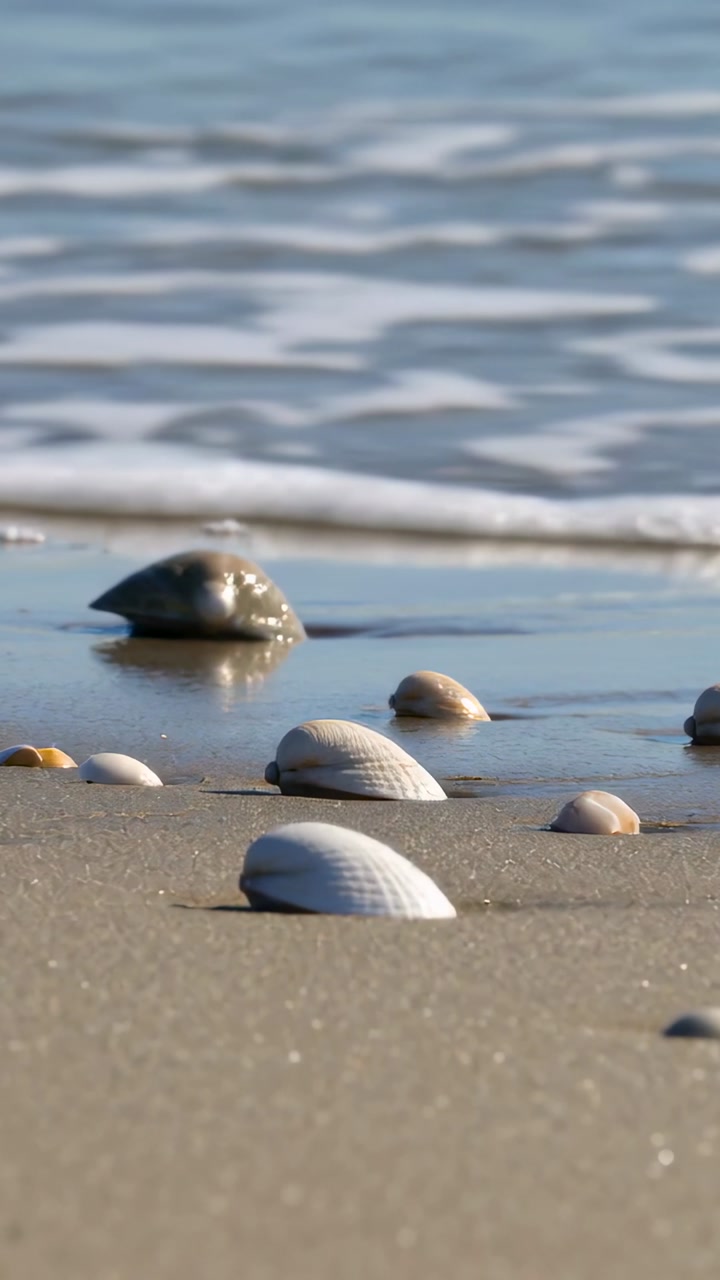 Vertical video: Lapping surf splashing pale seashells cluster on wet sand, leaving glossy sheen