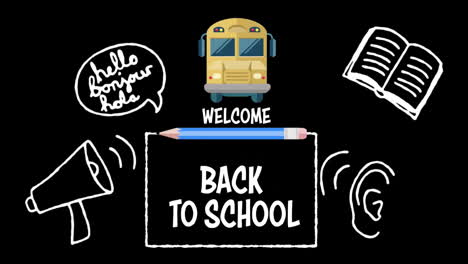 animation of back to school text over school items icons