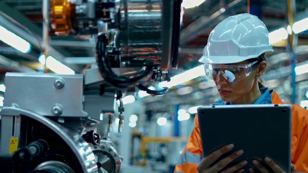 The video showcases a factory worker inspecting machinery with a tablet, emphasizing technology