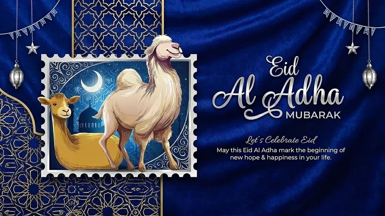 Animazione banner di auguri Eid al-Adha con cammello, cornice a timbro ornata e lanterne festive appese su sfondo decorativo