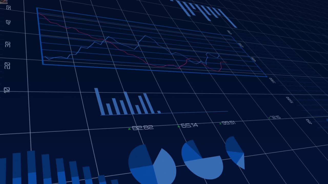 animación del procesamiento de datos financieros sobre una cuadrícula sobre un fondo oscuro