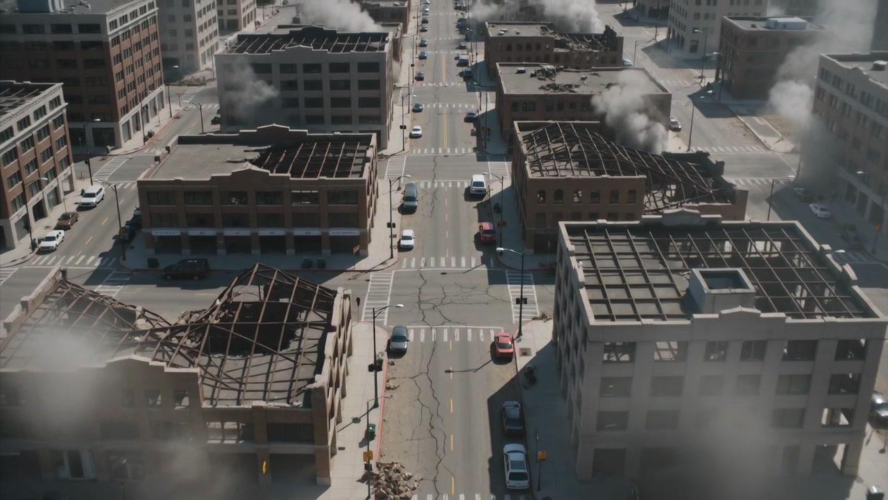 Pennacchi di fumo si sprigionano dai tetti crollati attraverso gli incroci della città, rallentando il traffico che passa accanto ai detriti.