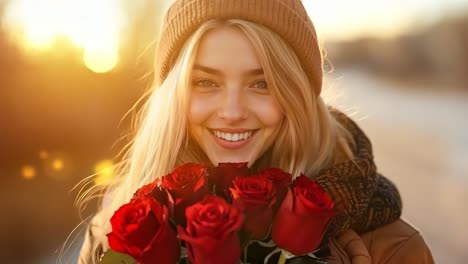 a woman holding a bunch of red roses in her hands