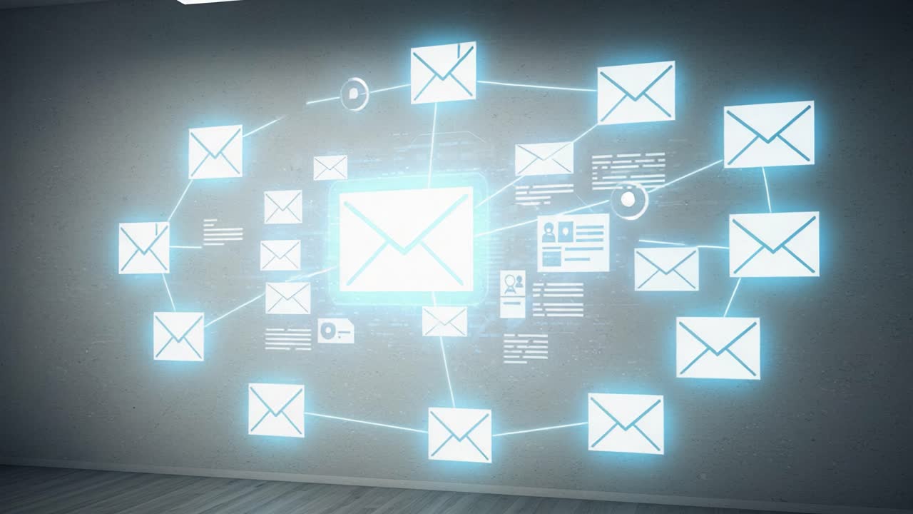 Illuminated digital mail notifications projected on a wall, showcasing glowing envelope icons and text information, emphasizing modern communication in a tech-savvy environment