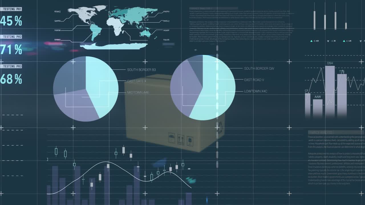 Animation of digital data processing over dark background
