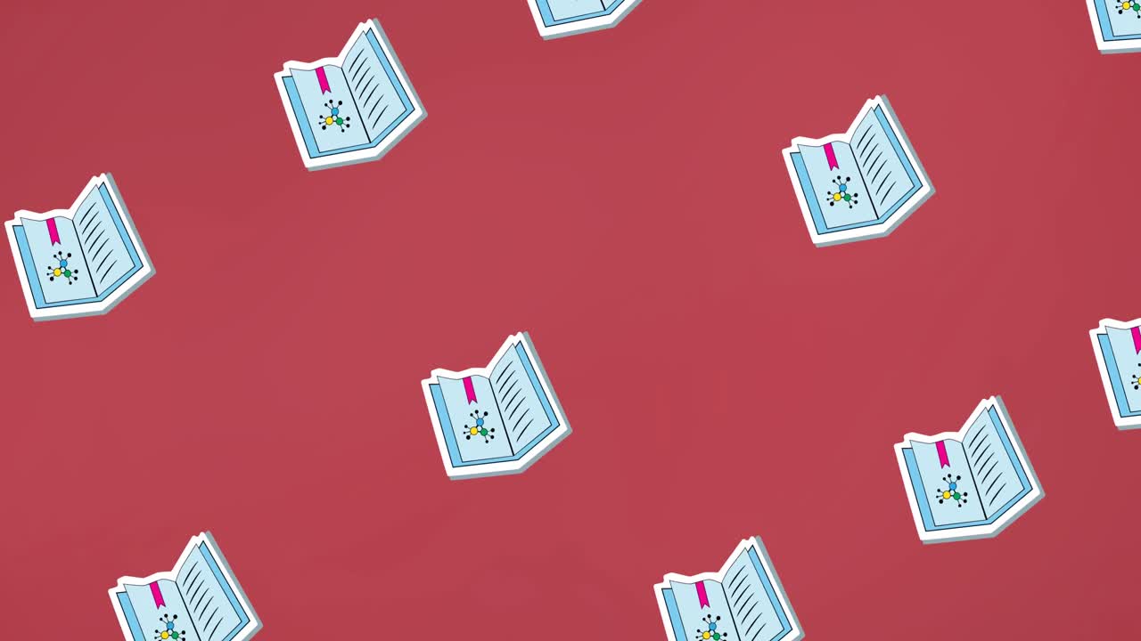 animación de iconos de libros sobre un fondo rojo