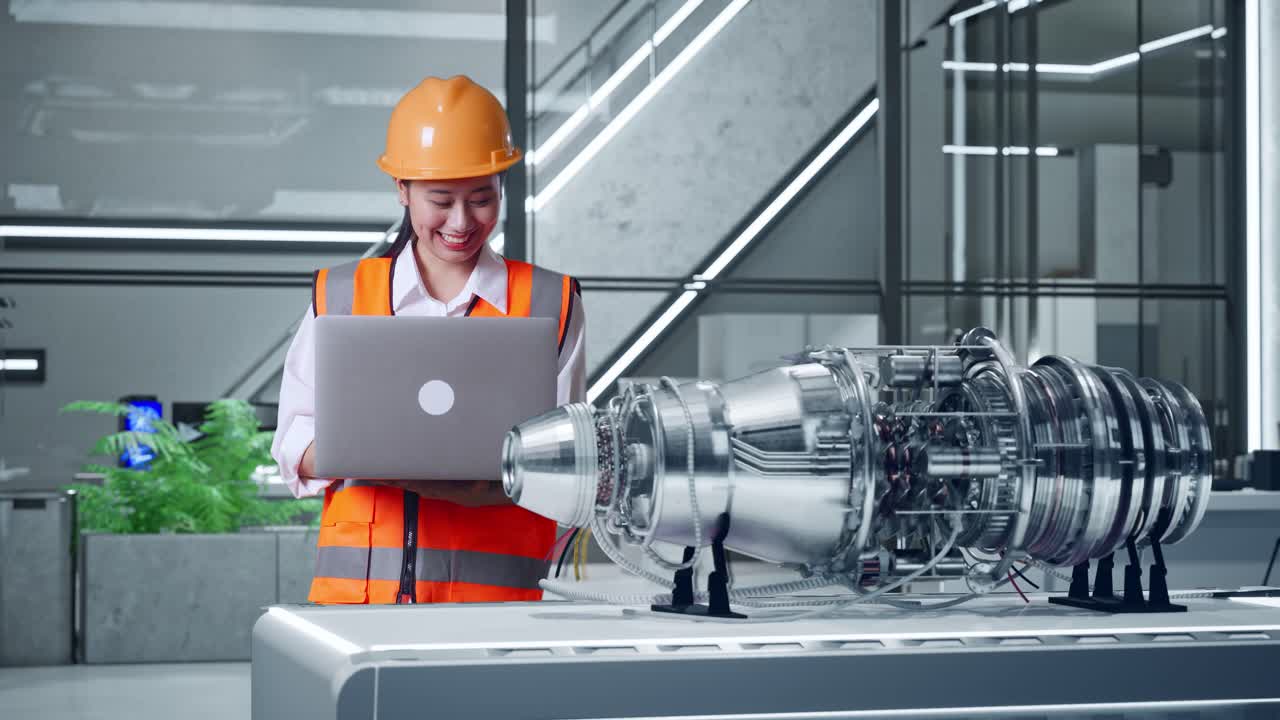 ingegnere che esamina la progettazione del motore a reazione sul portatile