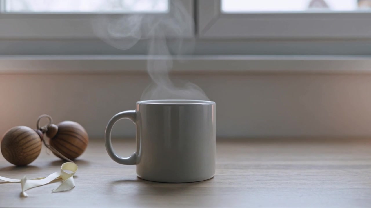Calore da una bevanda calda che fa sì che una tazza bianca rilasci vapore vorticoso su un tavolo di legno con ornamenti e un nastro.