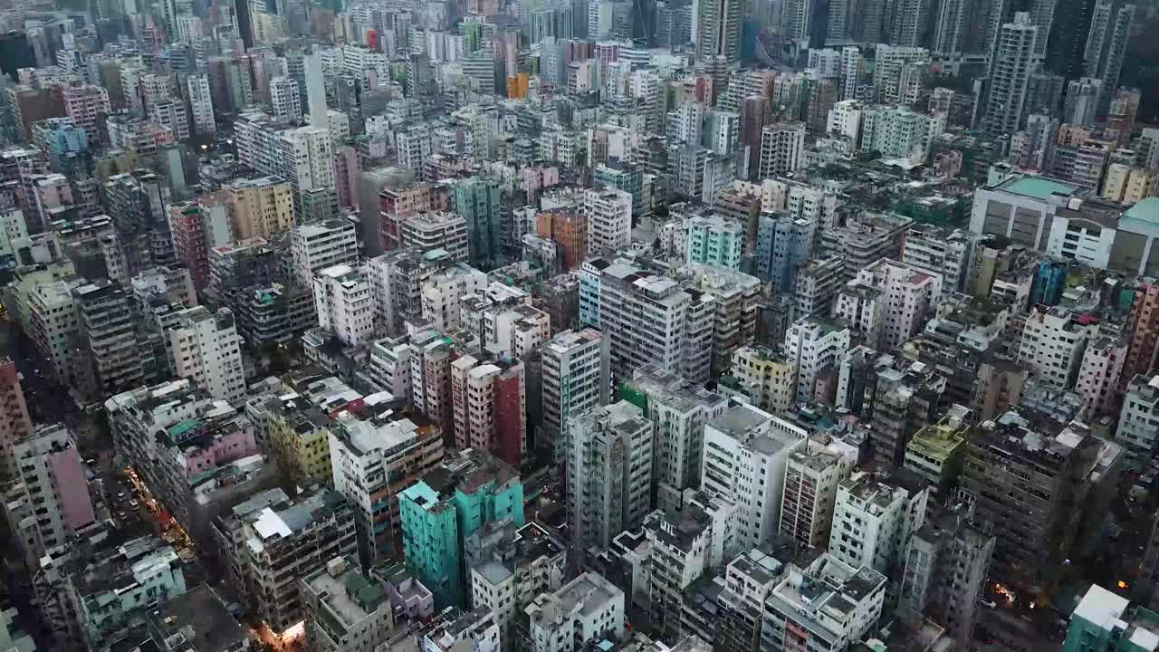 Static aerial view of mass buildings in Sham Shui Po, one of the poorest district of Hong Kong.