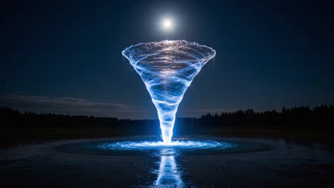 a captivating visual of a majestic water tornado under moonlight, illuminated by mystical blue glow, creating a mesmerizing scene in the night sky