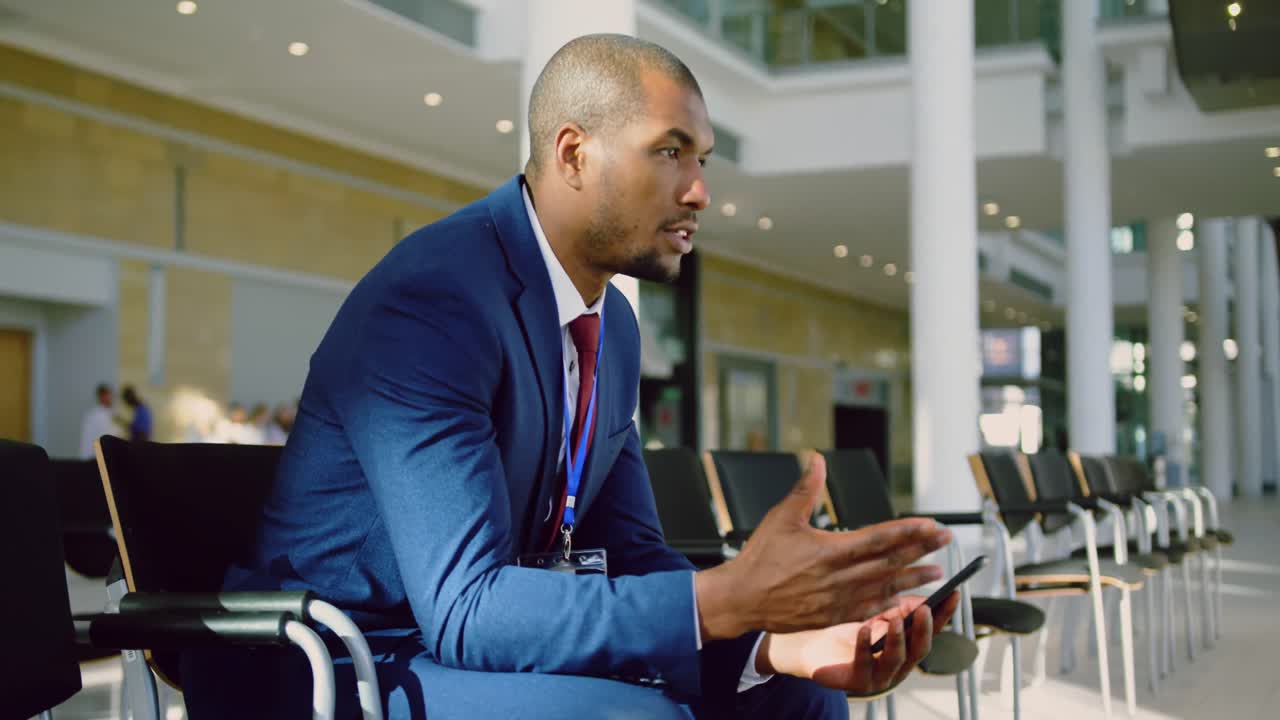 Businessman practicing speech in the lobby at office 4k