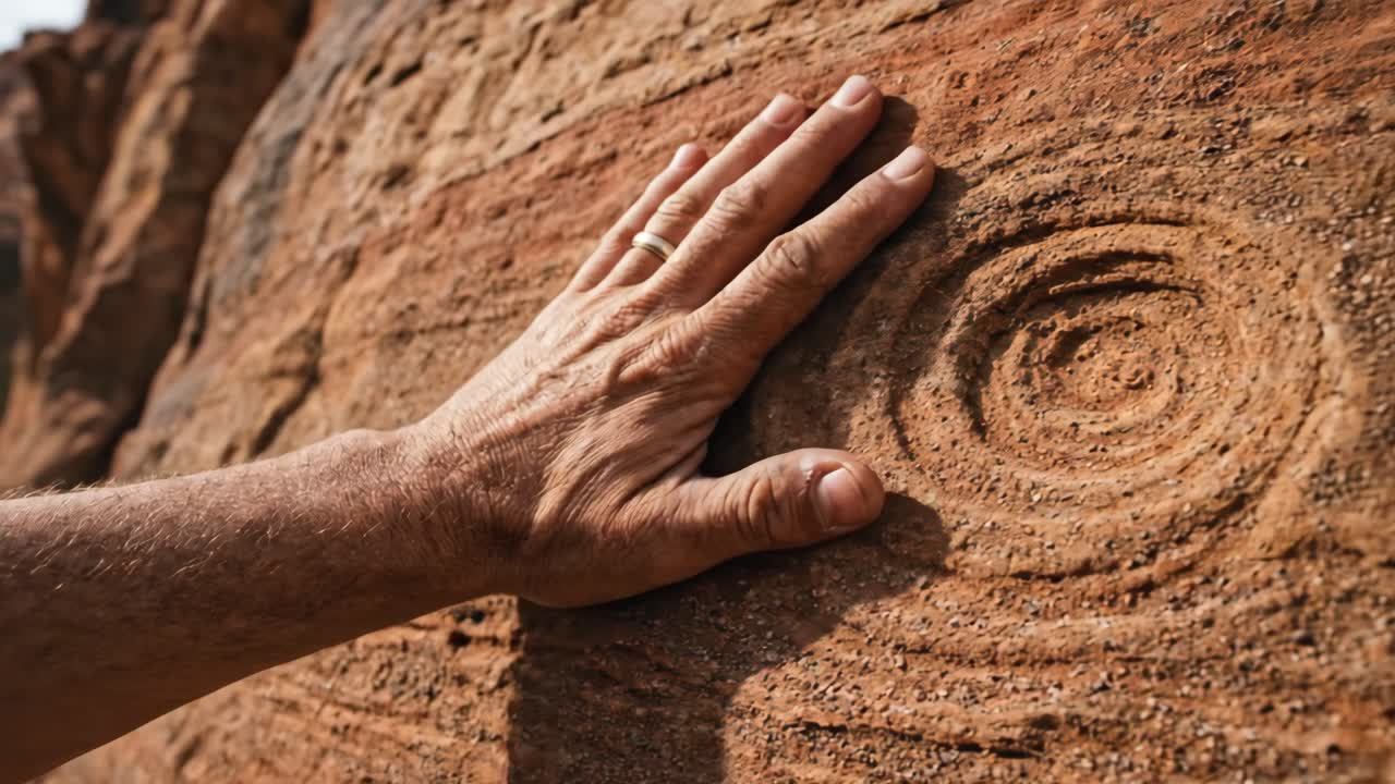 Close-up of a Hand Touching Textured Red Rock Surface