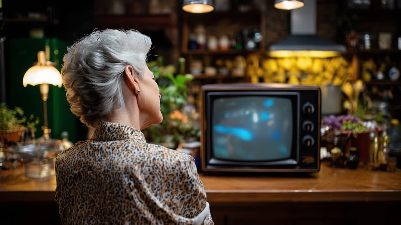 Žena sleduje starou televizi v tlumeně osvětlené místnosti. Je otočena zády k fotoaparátu. Její vlasy jsou krátké, šedé, upravené. Má na sobě vzorovanou blůzu, v jemném osvětlení. Zdá se uvolněná, soustředěná na obrazovku.