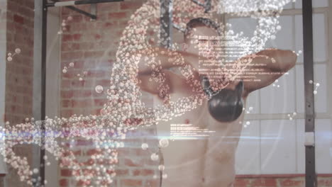 adn y estructuras moleculares analizadas en un hombre en forma haciendo ejercicio con kettlebell.