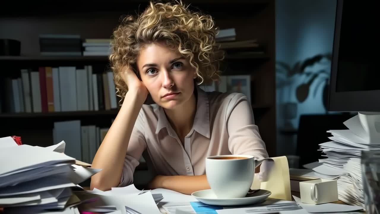 A stressed woman with curly hair sits at a cluttered desk, looking directly at the camera