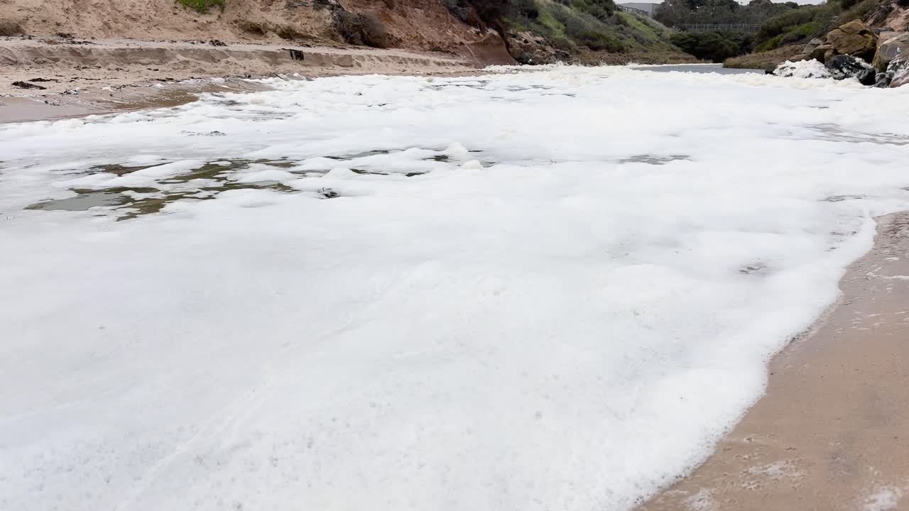 Expansive white foam from a toxic algal bloom blankets a South Australian beach. Powerful visuals for projects addressing environmental impact, pollution, and climate change consequences