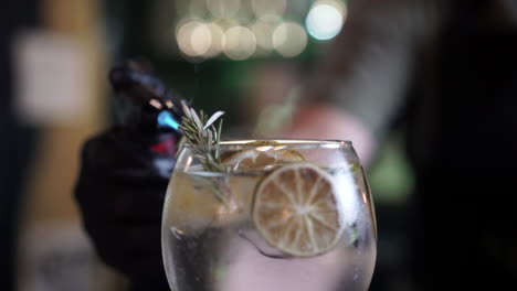 slow motion flaming rosemary garnish smoke vodka tonic