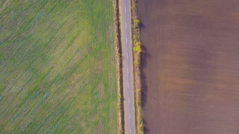 flying over a road in a rural with trees looking down from a drone