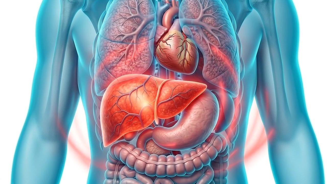 Torso View of Transparent Human Body Model Showing Liver and internal Organs