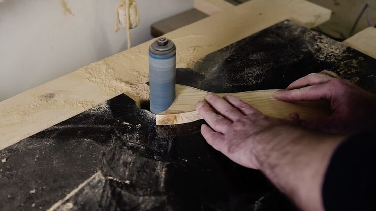 Man grinds the fish tail shape pattern with grinding machine with sawdust flying into the sides, profession, carpentry concept. Close up of man sanding wood at the workshop