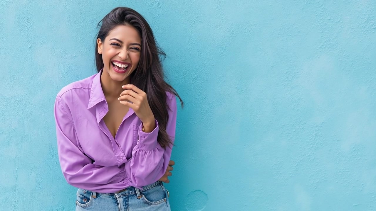 Giovane donna felice appoggiata a una parete blu che ride mentre si tocca i capelli.