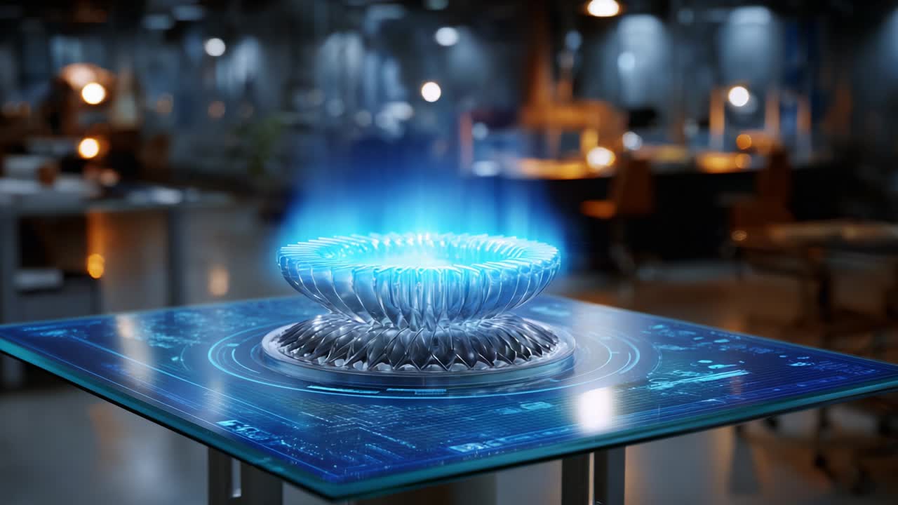 Futuristic Energy Core Projection Displayed on Advanced Holographic Interface in a High-Tech Laboratory Setting with Wavy Plasma and Digital Graphics Illuminating the Workspace Environment