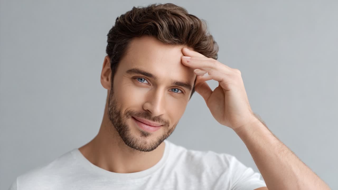 A Confident Young Man with Brown Hair and Blue Eyes Smiling and Posing Against a Simple Grey Background, Capturing a Moment of Genuine Happiness and Attitude