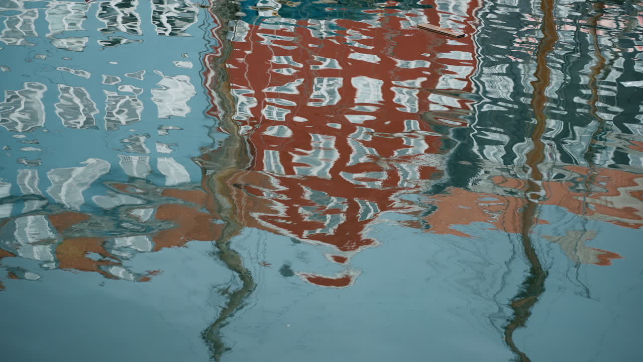 Scatto con riflesso mattutino del porto di Nyhavn a Copenaghen, edifici colorati sul lungomare specchiati in acqua calma con lievi increspature e luce fredda parte 3.
