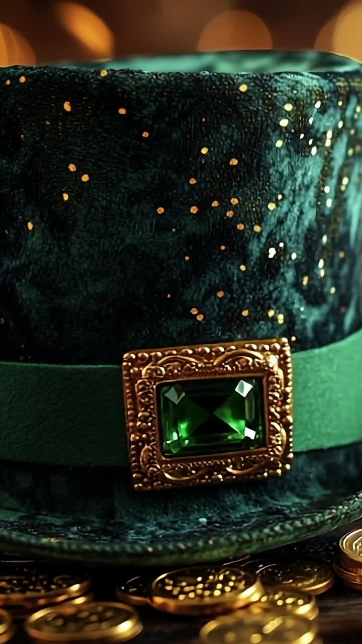 Green hat with coins on wooden surface. A green hat adorned with a gem rests on a wooden surface surrounded by shiny gold coins, creating a festive atmosphere.